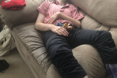 Having a bit of a snooze before his shift at Chick Fil-A...