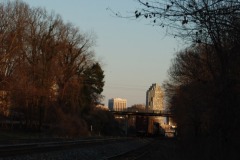 The freight train heads downtown toward Raleigh...