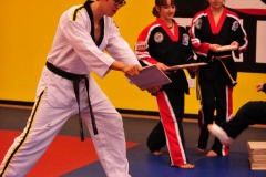 Double roundhouse kick makes short work of the second board...